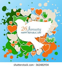 Happy Republic Day (India) vector illustration with pigeons. Flat design style national holiday watercolor background. Indian template for postcard, invitation card, print. 