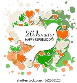 Happy Republic Day (India) vector illustration with pigeons. Flat design style national holiday watercolor background. Indian template for postcard, invitation card, print. 