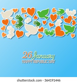 Happy Republic Day (India) vector illustration with pigeons. Flat design style national holiday watercolor background. Indian template for postcard, invitation card, print. 