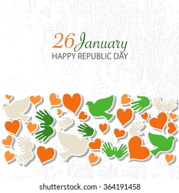 Happy Republic Day (India) vector illustration with pigeons. Flat design style national holiday watercolor background. Indian template for postcard, invitation card, print. 
