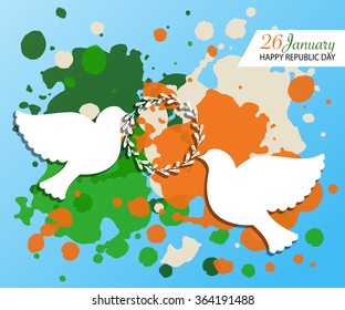 Happy Republic Day (India) vector illustration with pigeons. Flat design style national holiday watercolor background. Indian template for postcard, invitation card, print. 