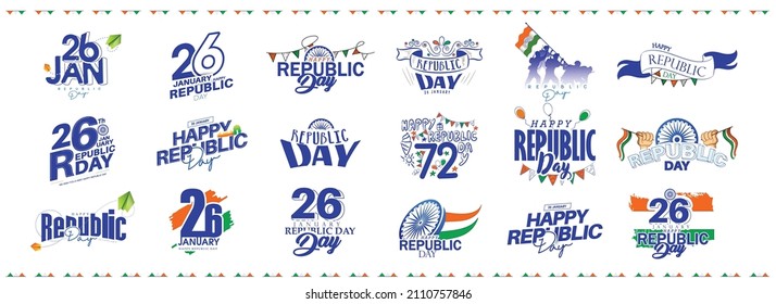 Feliz Día de la República de India (26 de enero) Vector de tipografía ambientado con los colores de la bandera nacional para la celebración del Feliz Día de la República India.
