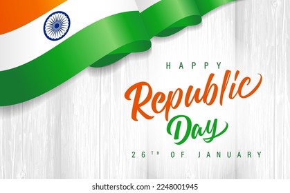 Happy Republic Day with Indian flag on wooden plank. 26 January, Republic Day of India calligraphy for greeting card or poster design. Vector illustration