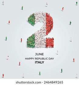 Feliz Día de la República en Italia. Un Grande grupo de personas se forma para crear el número 2 mientras Italia celebra su Día de la República el 2 de junio. Ilustración vectorial.