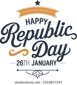 Happy Republic Day line lettering. Hand drawn modern vector calligraphy isolated on white background. Simple inscription with swashes, wavy lettering text. Design for holiday greeting card
