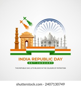 Feliz día de la república con la bandera nacional y la puerta de la India y la celebración del Taj mahal el 26 de enero