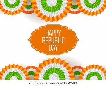 Happy Republic Day Poster Design Decorated with Tricolor Paper Folding Flowers on White Background.