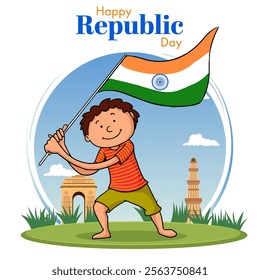 Happy Republic Day Poster Design with Indian Boy Holding National Flag on India Famous Monuments Background.