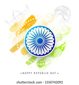 Happy Republic Day poster or template design with Ashoka Wheel, doodle style India Gate and Taj Mahal on saffron and green grunge background.