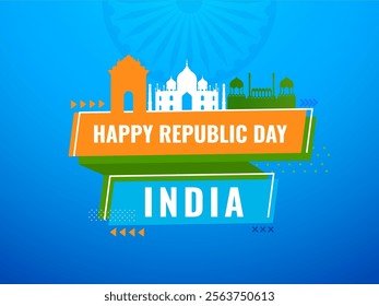 Happy Republic Day Poster with Tricolor India Famous Monuments on Blue Background.