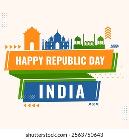 Happy Republic Day Poster with Tricolor India Famous Monuments on White Background.