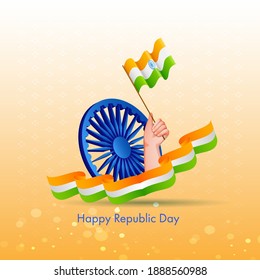 Happy Republic Day Text With 3D Blue Ashoka Wheel And Hand Holding Indian Flag On Yellow Bokeh Background.