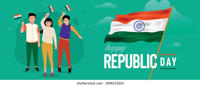 Happy Republic Day Text with Indian Flag vector with kids celebrating the holiday's website banner design template.