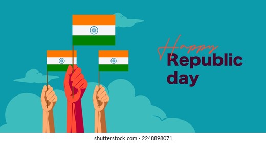 Texto del Día de la República Feliz con un hombre sosteniendo la bandera india en ilustración vectorial de mano  