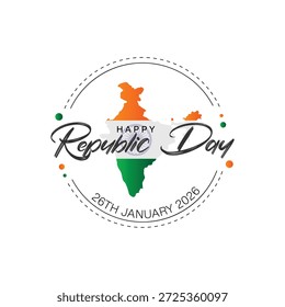 Tipografía de texto del Día de la República feliz con mapa de contorno indio de tres colores. 26 de enero Saludos Pegatinas, adornos y Elementos gráficos decorados para la Plantilla del cartel de la tarjeta de felicitación. Ilustración vectorial