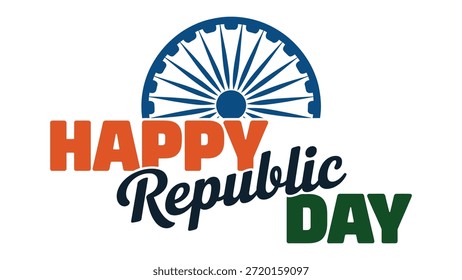 Diseño de tipografía del Día de la República feliz con emblema de chakra ashoka y letras tricolores para el Anuncio de póster de celebración de la fiesta nacional india y concepto gráfico patriótico