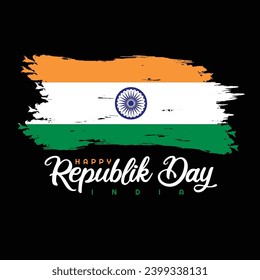 Ilustración de diseño de vectores del Día de la República Feliz. Tipografía caligráfica Texto con pincel de textura grunge Tri Color Bandera India Diseño de fondo, Tarjeta de saludo, Cubierta, Cartel, Cartel, Publicidad, 