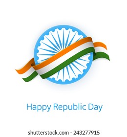 Happy Republic Day Vector Illustration. Indian Flag Ribbon On Ashoka Chakra Wheel.