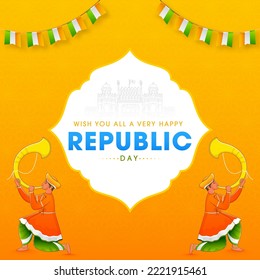 Happy Republic Day Wishes With Indian Men Blowing Tutari Horn In Traditional Attire On White And Orange Background.