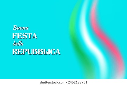 Feliz Día de la República escrito en italiano. Humo tricolor nacional durante desfile festivo