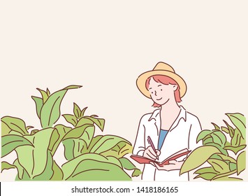 Happy researcher botanical research plant wearing a straw hat and her hand holding a pen and notebook for taking notes for research. Hand drawn style vector design illustrations.