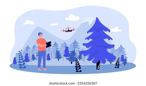 Happy researcher with drone in forest vector illustration. Cartoon drawing of man monitoring or exploring ecosystem of rainforest. Technology, nature, exploration concept