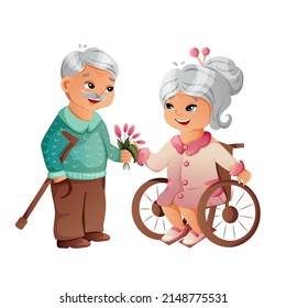 Happy retired couple. Grandfather with a cane gives flowers, grandmother in a wheelchair. Vector flat style illustration