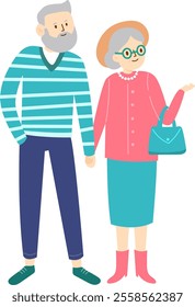 Happy retired couple holding hands while enjoying a leisurely walk, with the woman pointing out something interesting, radiating joy and togetherness in their active lifestyle