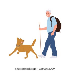 Happy retired man backpacker cartoon character walking dog enjoying hiking activity outdoors