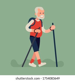 Happy retired man having a long walk with walking sticks concept flat vector illustration. Flat vector character design on elderly man hiking or trekking