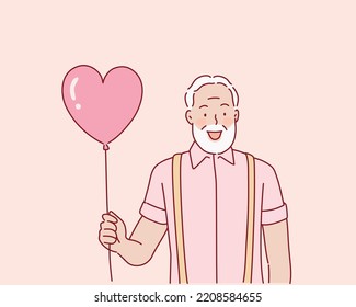 Happy retired man in pink t-shirt holding pink balloon while posing in studio. Senior, smiling man over pink background. Hand drawn style vector design illustrations.