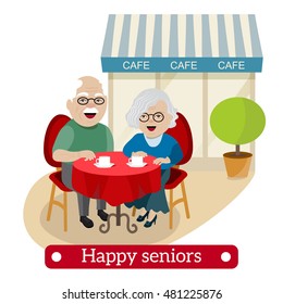 Happy retired people. Couple of seniors sitting in a cafe.