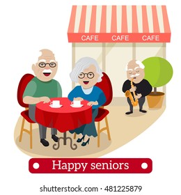 Happy retired people. Couple of seniors sitting in a cafe.