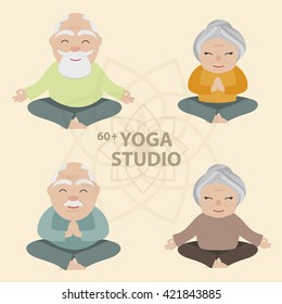 Happy retired people. Healthy lifestyle. Vector illustration of seniors in yoga