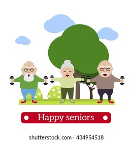 Happy retired people. Healthy lifestyle. Vector illustration of seniors in sport.