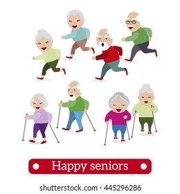 Happy retired people. Healthy lifestyle. Vector illustration of seniors in sport.