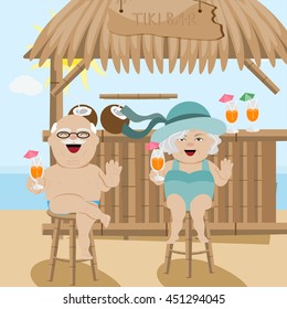 Happy retired people. Vector illustration of seniors on beach.