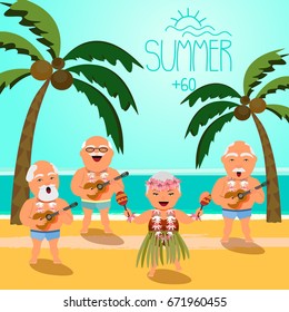 Happy retired people. Vector illustration of seniors on beach.