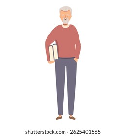 Happy retired senior man holding books, enjoying his free time by expanding his knowledge