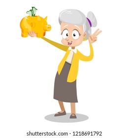 Happy retired woman holding gold piggy bank above head. Retirement savings and investment. Wealth and prosperity in old age. Pension fund and banking vector illustration. Old lady personage with money