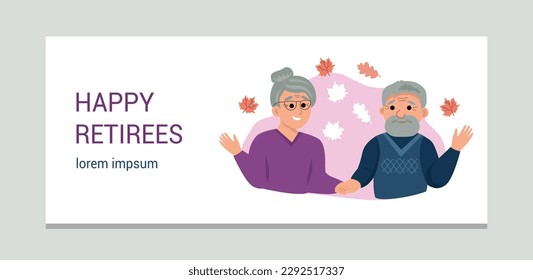 Happy retirees, grandparents. Cute elderly couple, old man and woman.  Vector banner template