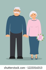 Happy retirees: smiling, holding hands smart elderly man and woman with a cute delicate bouquet of white and pink flowers in full growth on a blue background on a date. Vector illustration