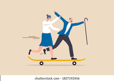 jubilaciones felices, adultos mayores activos disfrutan de la vida después de jubilarse o atención médica y seguro para el concepto de la sociedad de ancianos, el abuelo y la abuela de pareja de ancianos felices disfrutan de la vida en patineta.