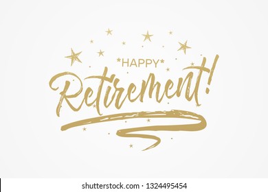 Happy Retirement card, banner. Beautiful greeting poster with calligraphy gold text word ribbon star. Hand drawn design elements. Handwritten modern brush lettering isolated background vector