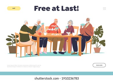 Happy Retirement Concept Of Landing Page With Group Of Senior People Playing Cards. Happy Older Men And Women Relaxing And Having Fun On Pension. Cartoon Vector Illustration