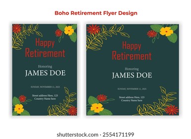 Happy Retirement Flyer Design, Confetti, pension, frame, Social media post design, celebration, decoration, traditional, invitation, greeting card, senior, vector, holiday, retire, boho ,emotion, card