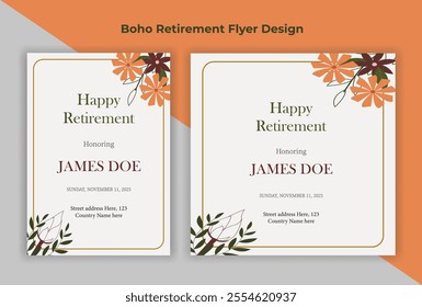 Happy Retirement Flyer Design, Confetti, pension, frame, Social media post design, boho, decoration, traditional, invitation, greeting card, senior, vector, holiday, retire, boho ,emotion, bohemian