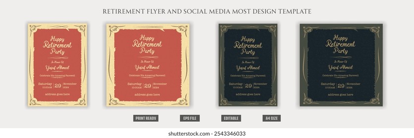 Happy retirement flyer, social media post design, banner, vector, pension, savings, plan, brochure, fund, magazine, traditional, old, elder citizen, party, free, senior, a4 template bundles.