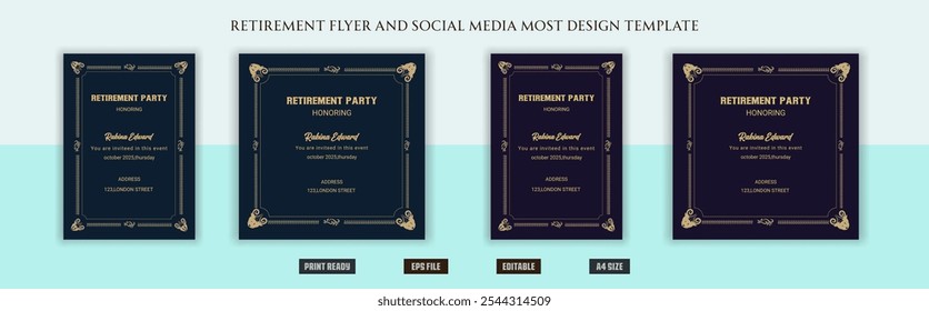 Happy retirement flyer, social media post design, banner, vector, pension, savings, plan, brochure, fund, magazine, traditional, old, elder citizen, party, free, senior, a4 template bundles.