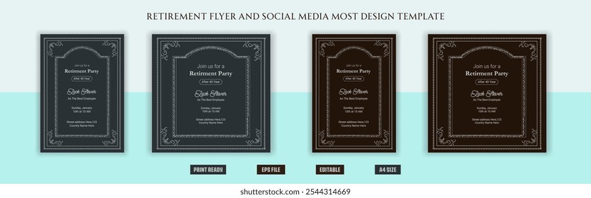 Happy retirement flyer, social media post design, banner, vector, pension, savings, plan, brochure, fund, magazine, traditional, old, elder citizen, party, free, senior, a4 template bundles.